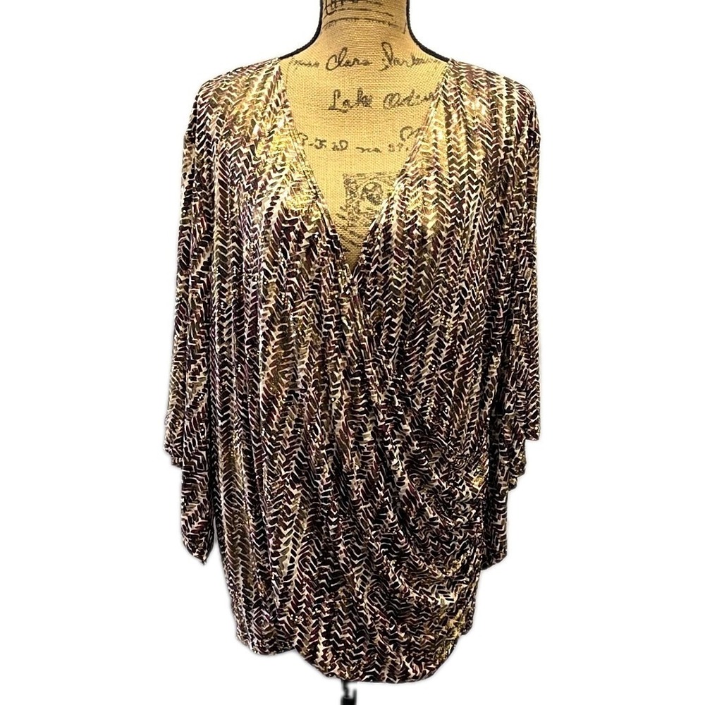 Dressbarnโ Top sz 3X Purple Gold Geometric 3/4 Sleeve Faux Wrap Glam Shimmer